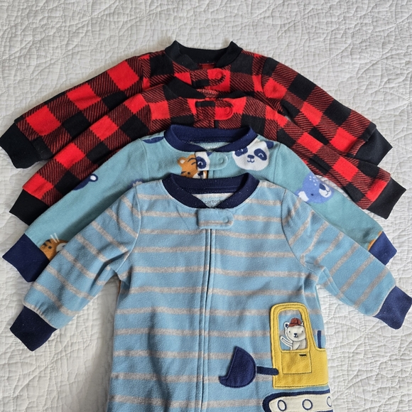 Carter's Fleece Footed Sleeper Pajamas Footies Buffalo Check Bear Construction - Picture 8 of 13
